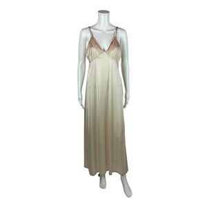 Vintage 80s Lingerie Women's Small Beige Floral Embroidered Negligee Nightgown